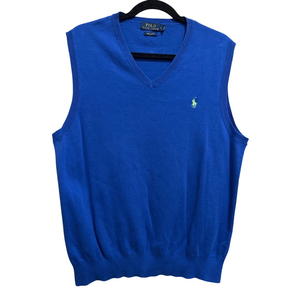Polo Ralph Lauren Royal Blue 100% Pima Cotton V-Neck Sweater Vest Large Preppy